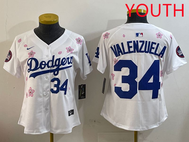 Youth Los Angeles Dodgers #34 Valenzuela White Sakura Edition 2025 Nike MLB Jersey style 8->youth mlb jersey->Youth Jersey
